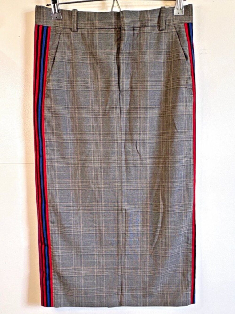 ZARA WOMAN Gray Sporty Plaid Pencil Midi Skirt Side Stripe Slit Womens Size S